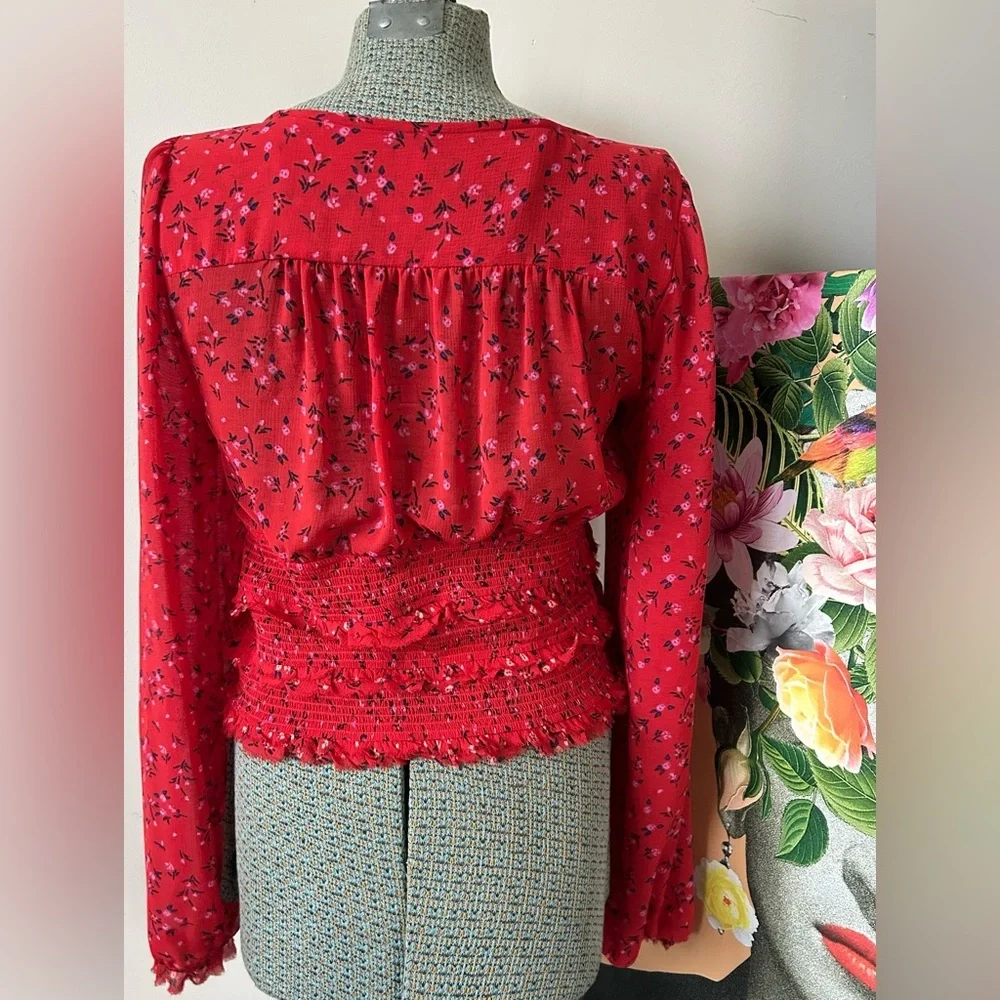 FREE PEOPLE Lolita Red Floral Print Ruffled Crop Top. Sz. L